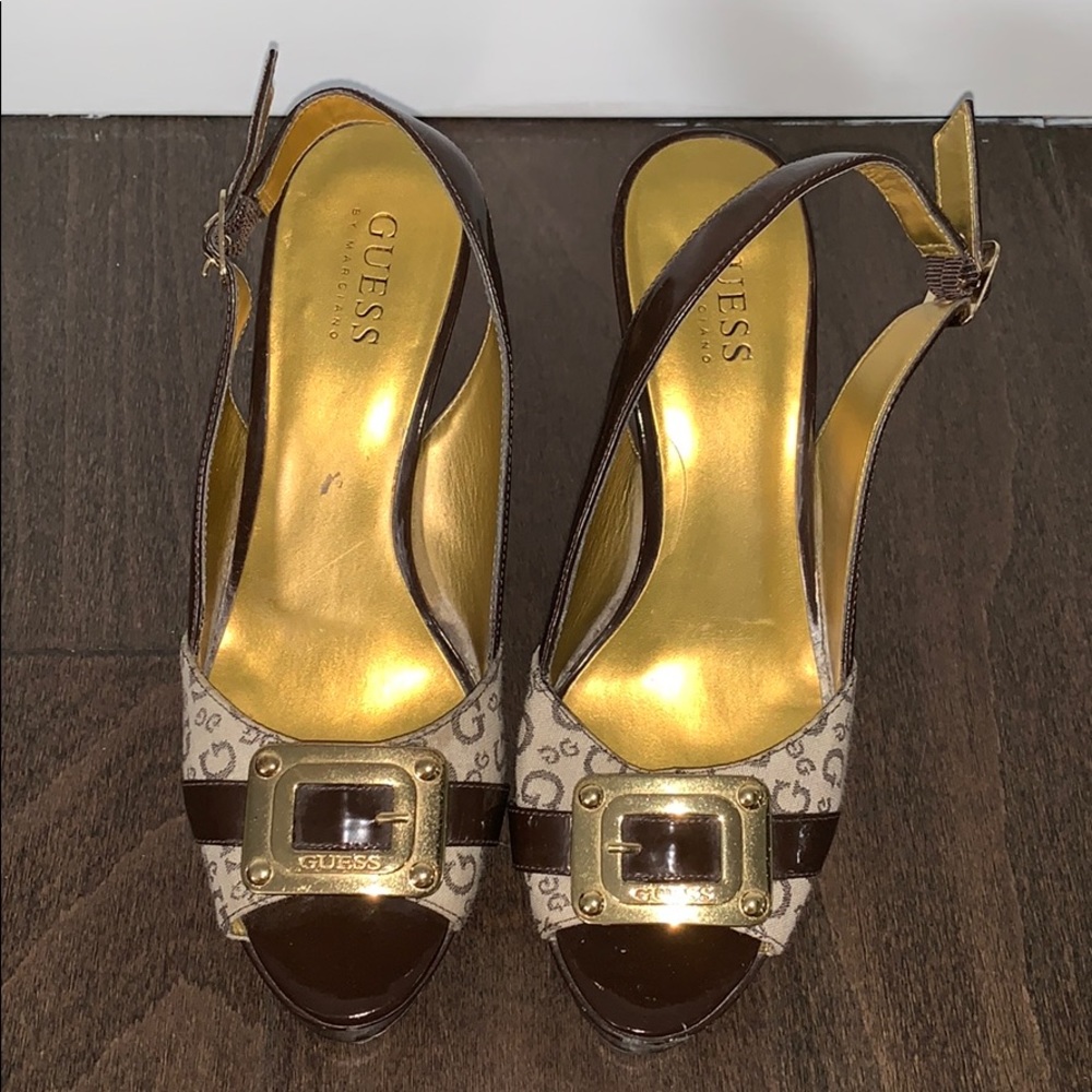 GUESS BY MARCIANO GOLD BUCKLE HEELS